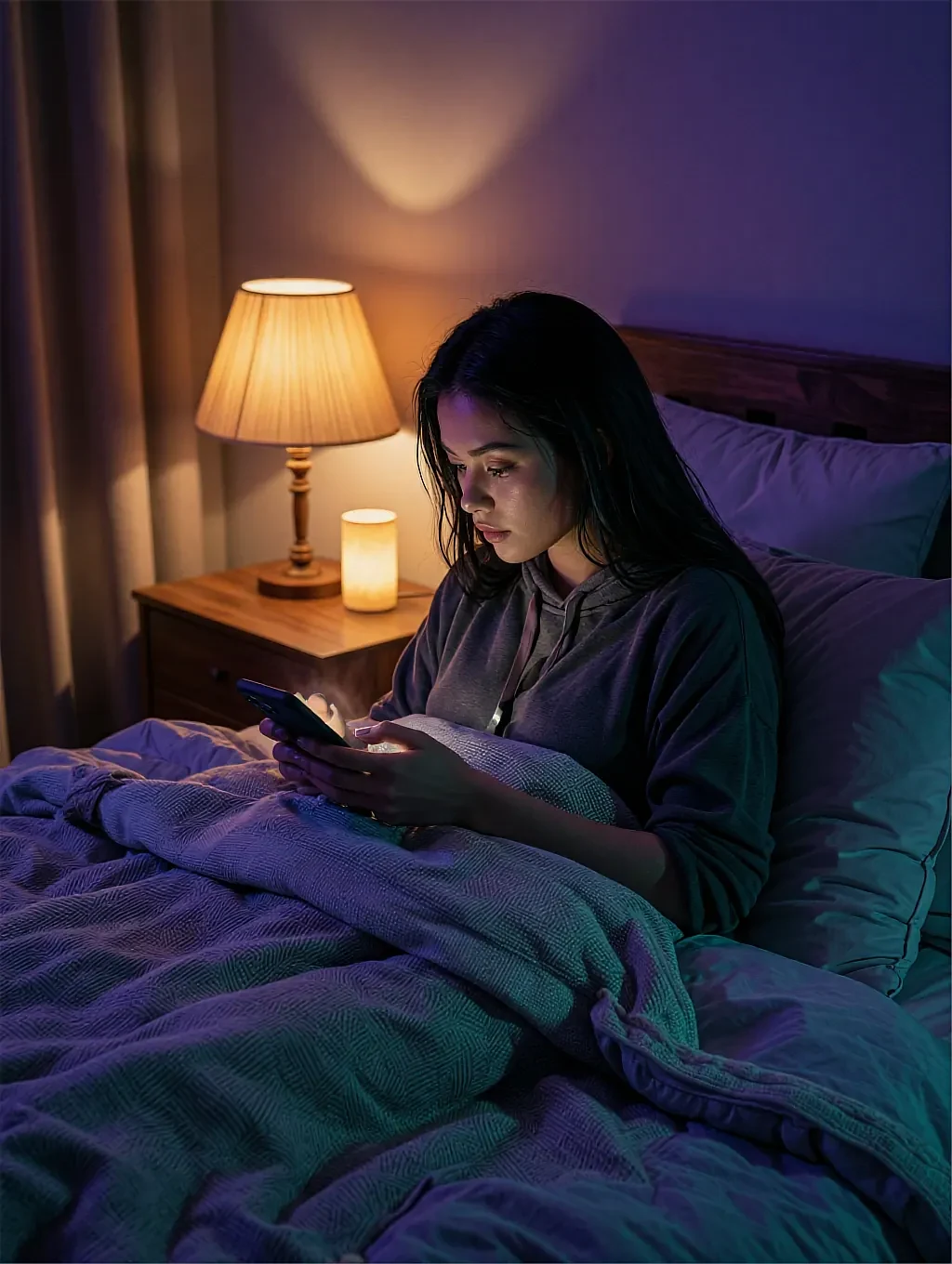 Free AI roleplay co-star under a blanket with her phone, the stay-in scene